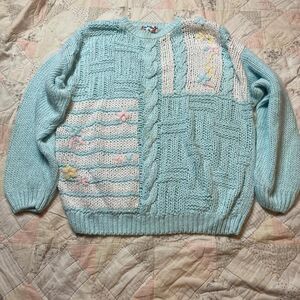 bravo vintage 90s grandma pastel blue colorblock pink floral knit sweater large